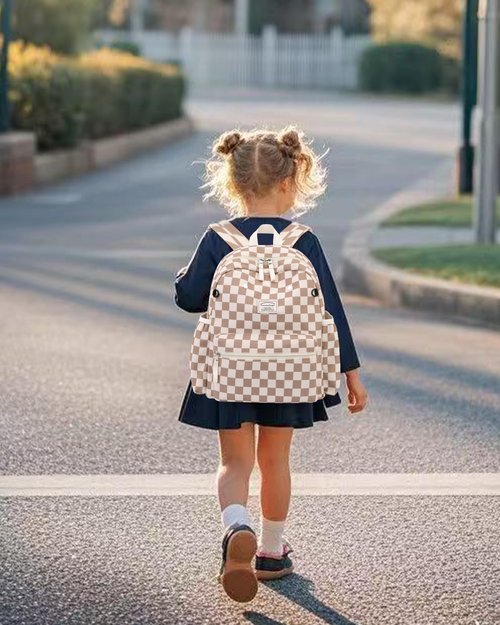 Tanweibago Corduroy Kids Backpack for Boys Girls Backpacks for Primary Elementary Kindergarten 6-10 (Checkered Brown, Medium (15" H Fit A4 Folder))