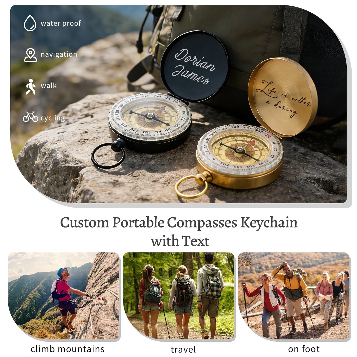 Custom Crowd Compass Keychain Engraved with Text Photo Personalized Brass Compas Waterproof Luminous Function for Men Boyfriend Groomsmen Son Graduation Gifts (Engraved Compass)