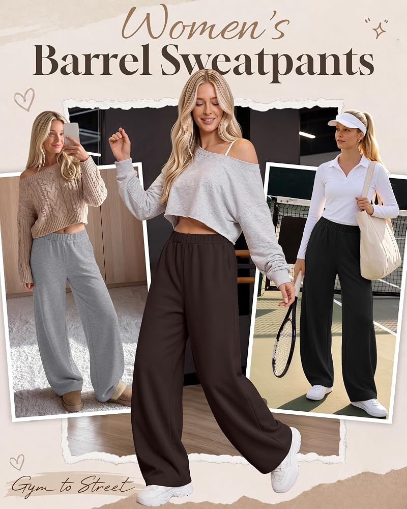 Huukeay 3 Pack Women's Barrel Sweatpants - Black, Light Gray Mixed, Dark Brown | Elastic Waist, Pockets