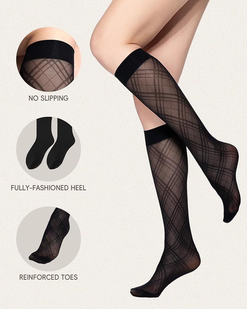 LABELLA 3-Pair Non Slip Knee High Stockings S/M/L Variation: 3-Pair Trio-Diamond+Medium
