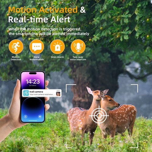 Trail Camera with Night Vision Game Cameras : 4G Cellular Trail Cam with Motion Activated Waterproof - Wildlife Camera with Solar Panel for Outdoor Deer Monitoring and Property Security with 32GB Card