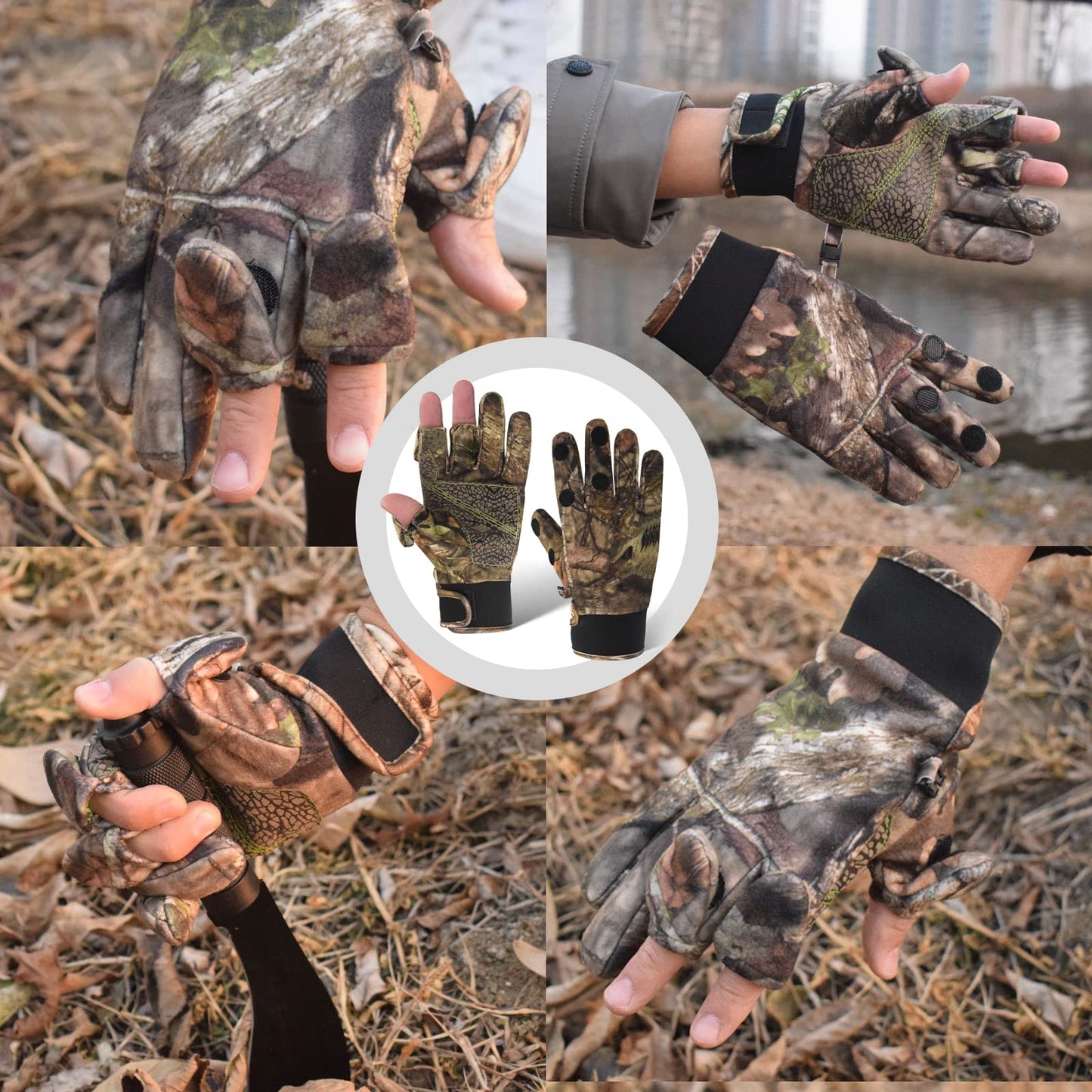 Favuit Camouflage Hunting Gloves, Lightweight Anti-Slip Full Finger Fingerless Touchscreen Camo Gloves Outdoor Tactical Hunting Gear Archery Accessories for Turkey Fishing Airsoft (Black L)