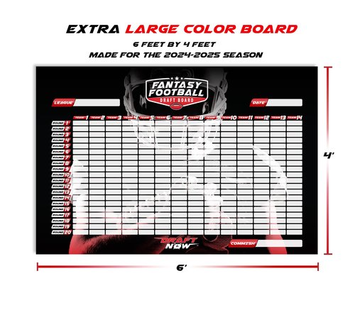XL Fantasy Football Draft Board for The 2024-2025 Season Kit, 120 LB Material - 6 Feet x 4 Feet Board - Up to 14 Teams & 500+ Player Stickers & Draft Guide