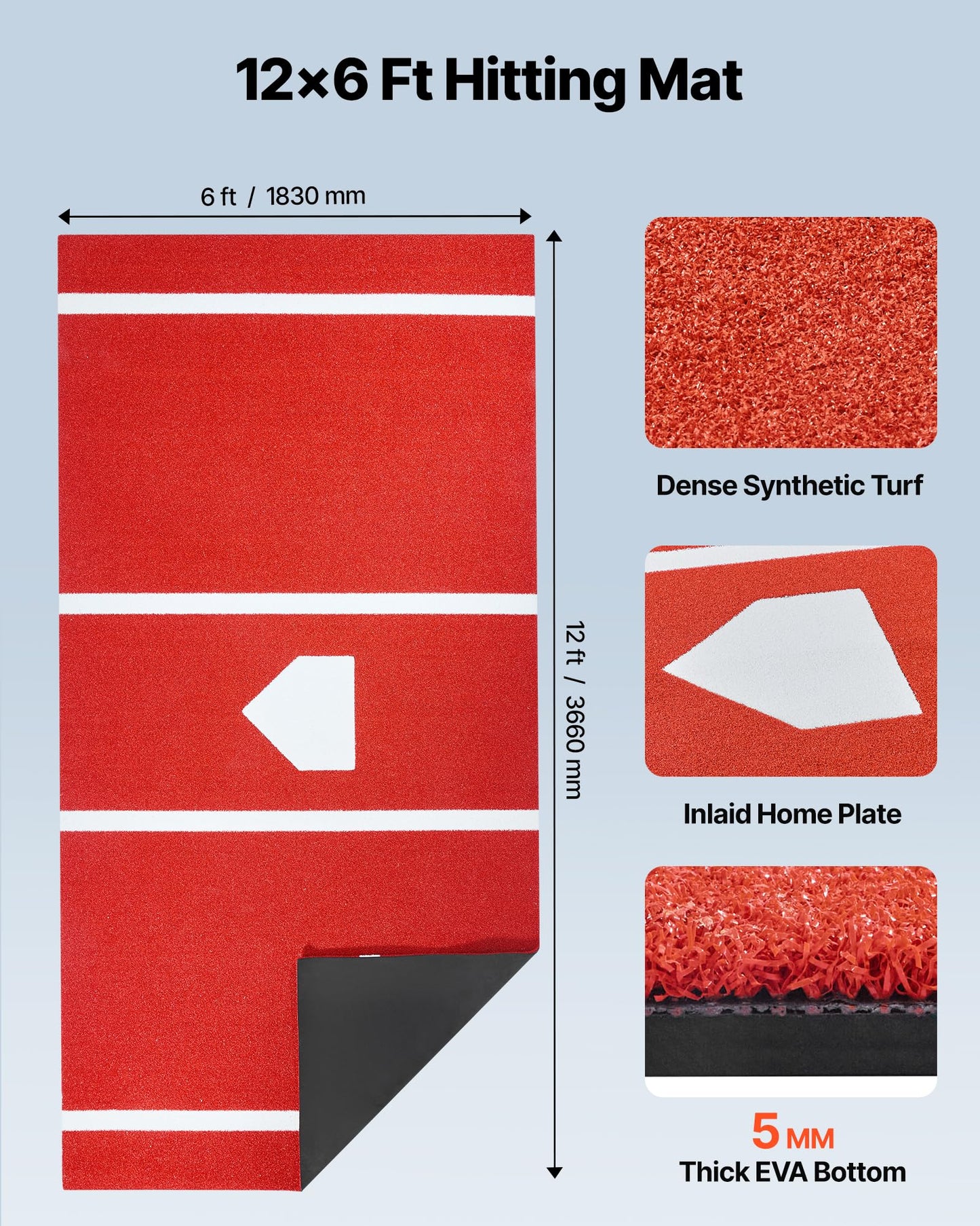 VEVOR 12x6ft Baseball/Softball Batting Mat with Home Plate - Anti-Fade Turf, Portable Hitting Trainer for Cage/Indoor/Outdoor Practice
