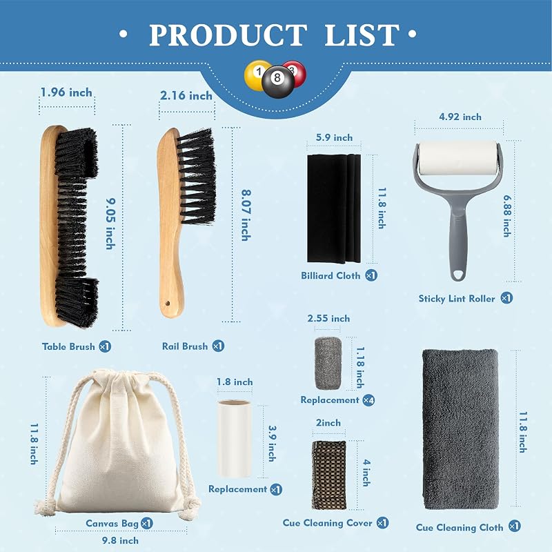 LAKINGO 12 Kit Pool Table Brush Set with 2 Wooden Brushes, Cloths, Lint Roller & Storage Bag – Natural+12