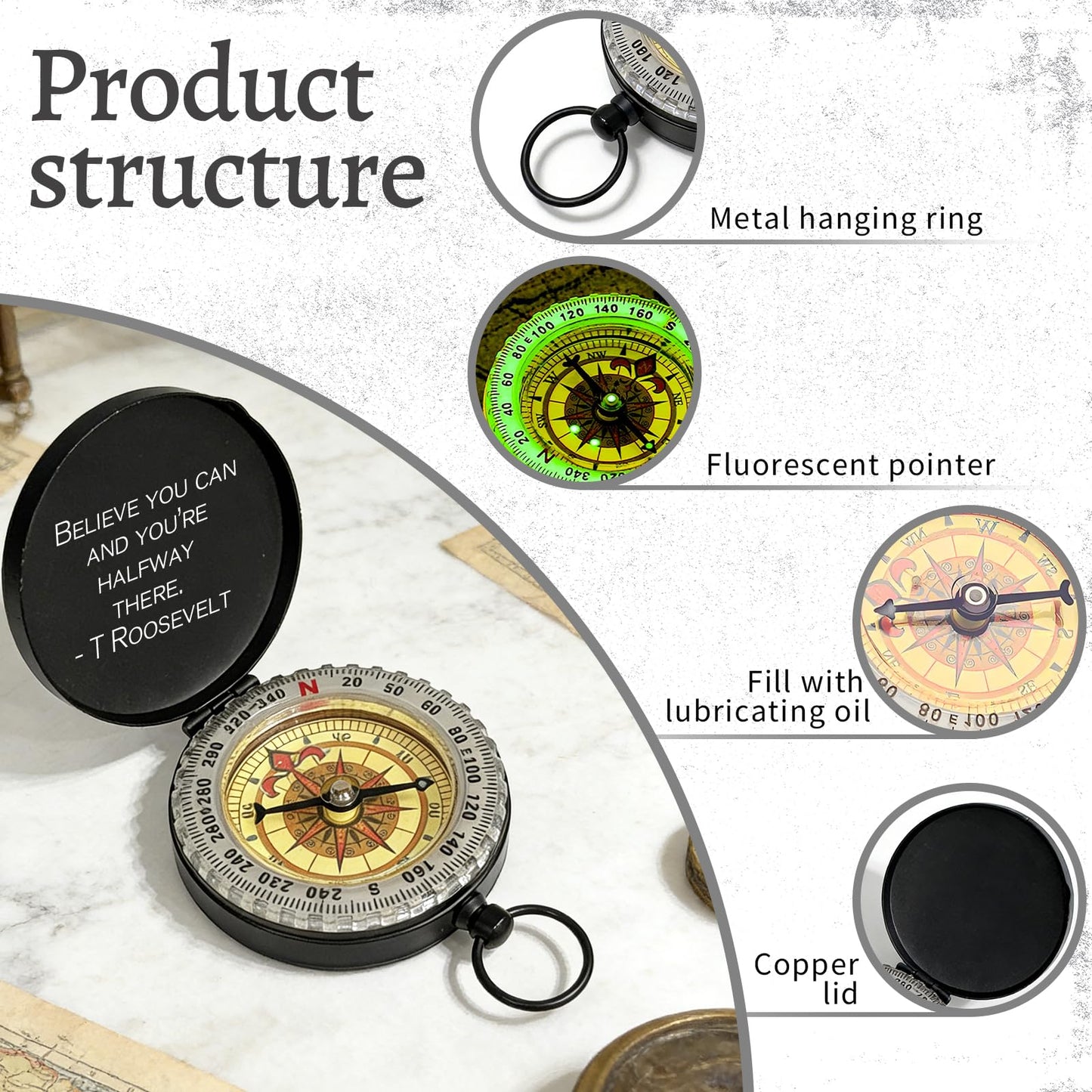 Custom Crowd Compass Keychain Engraved with Text Photo Personalized Brass Compas Waterproof Luminous Function for Men Boyfriend Groomsmen Son Graduation Gifts (Engraved Compass)