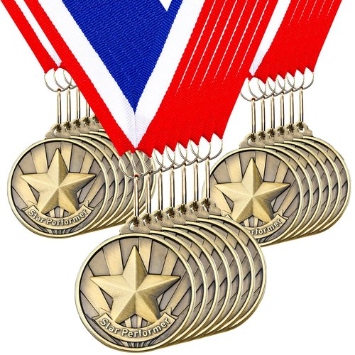 Quelay 30 Pcs 2'' Gold Medals for Awards Winner Bulk with Neck Ribbons Metal Trophy Award Prize Gift for Kids Students Adults School Graduation Participation Competitions(Star Performer)