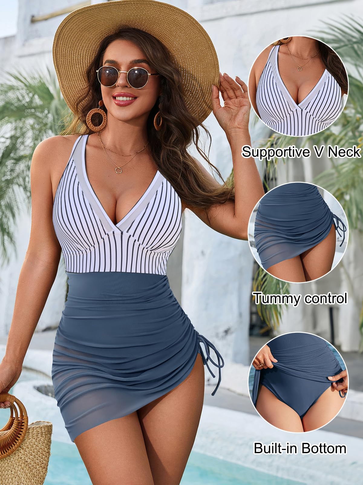 Blooming Jelly Women One Piece Swimsuits Tummy Control Swim Dress Slimming Modest Drawstring Bathing Suit Skirt V Neck Swim Suits 2025 (XL, Blue Stripes)