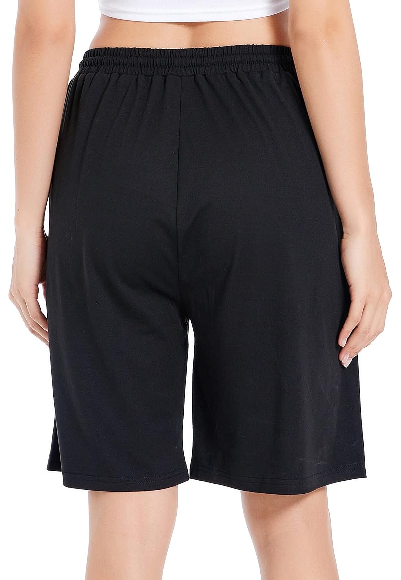 CULAYII Women’s Bermuda Shorts - Long Athletic Yoga Shorts with Pockets, Black, Medium