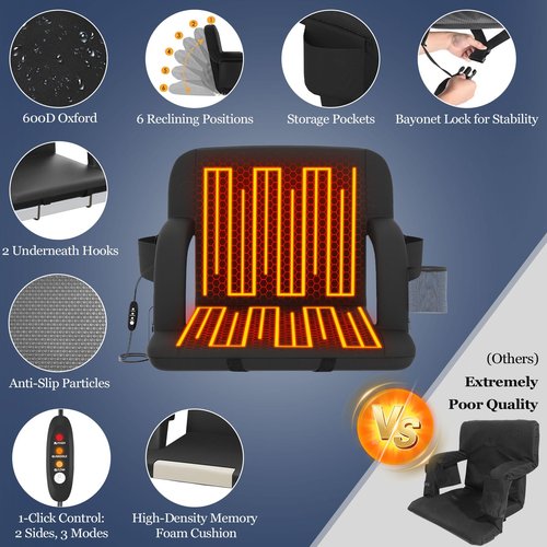 Seeutek Heated Stadium Seats with Back Support and Wide Cushions for Bleachers, Portable Bleacher Chairs with Backrest, USB 3 Levels and 5 Pockets Foldable Stadium Chairs, 1PC 25Inch