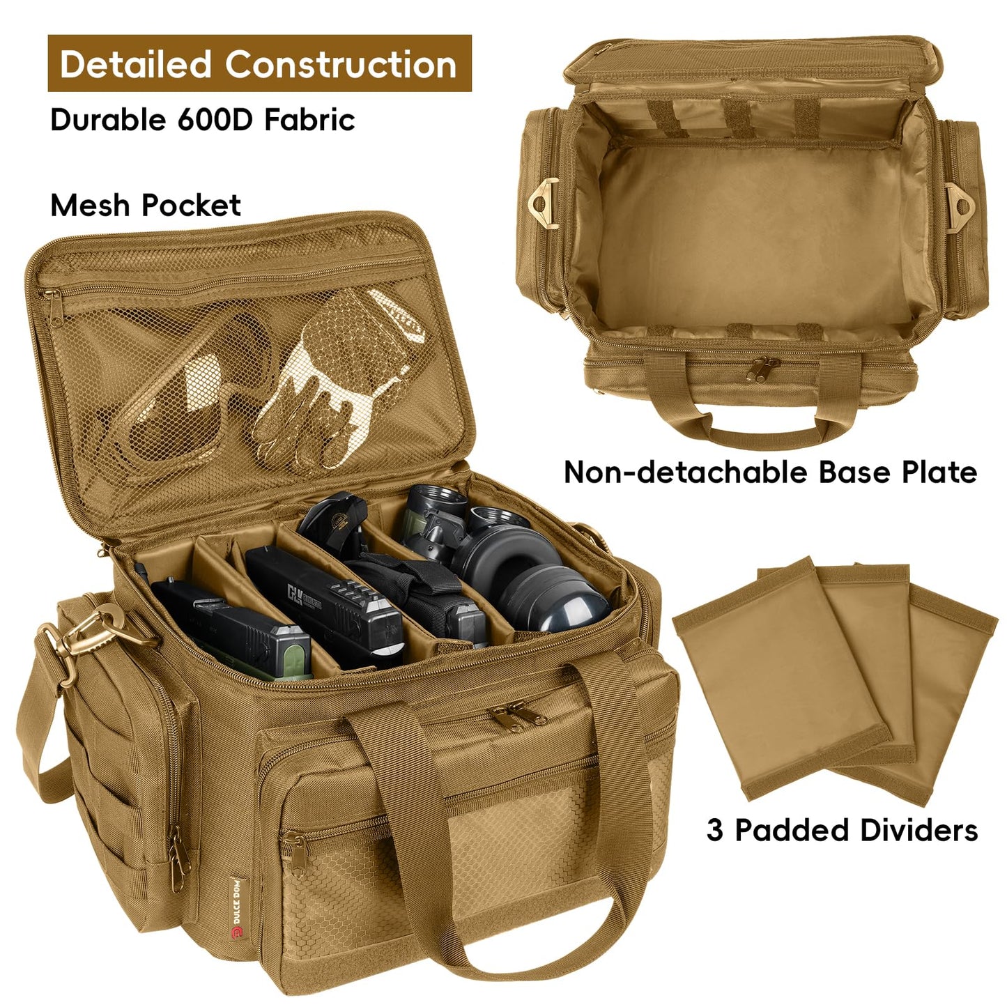 DULCE DOM Tactical Gun Range Bag for Handguns & Pistols - Lockable Compartment, Ammo Storage, Magazine Slots, Durable Range Essentials Bag (KHAKI)