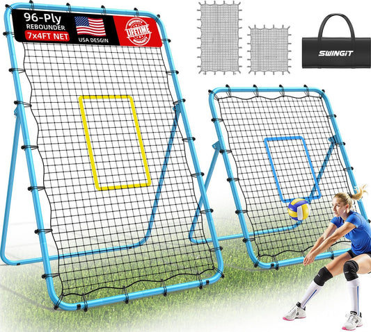 2-in-1 Volleyball Rebounder Net System, Adjustable from 7x4 ft to 4x4.75 ft, 5-Angle Bounce Back Net, Training Equipment for Volleying, Bumping, Spiking, Hockey, Soccer, Lacrosse, Softball Practice