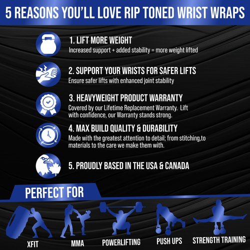 Rip Toned 18" Stiff Wrist Wraps for Maximum Support – Adjustable & Machine-Washable Wrist Straps for Weightlifting & Heavy Workouts – USPA Approved for Men & Women – Black