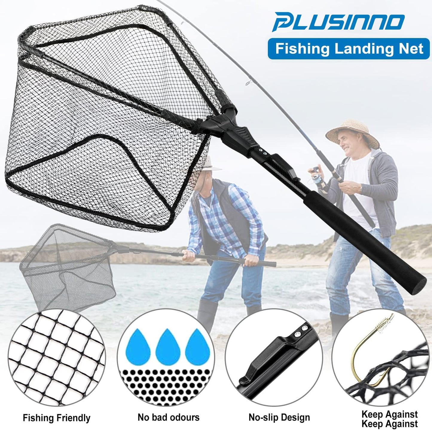PLUSINNO Fishing Net Fish Floating Landing Net, Kayak Nets with Fixed Foldable Telescopic Pole Handle,Bass Trout Fishing Nets with Nylon Mesh for Pond Lake River,Fishing Gear Gifts for Men,Black 0.8M