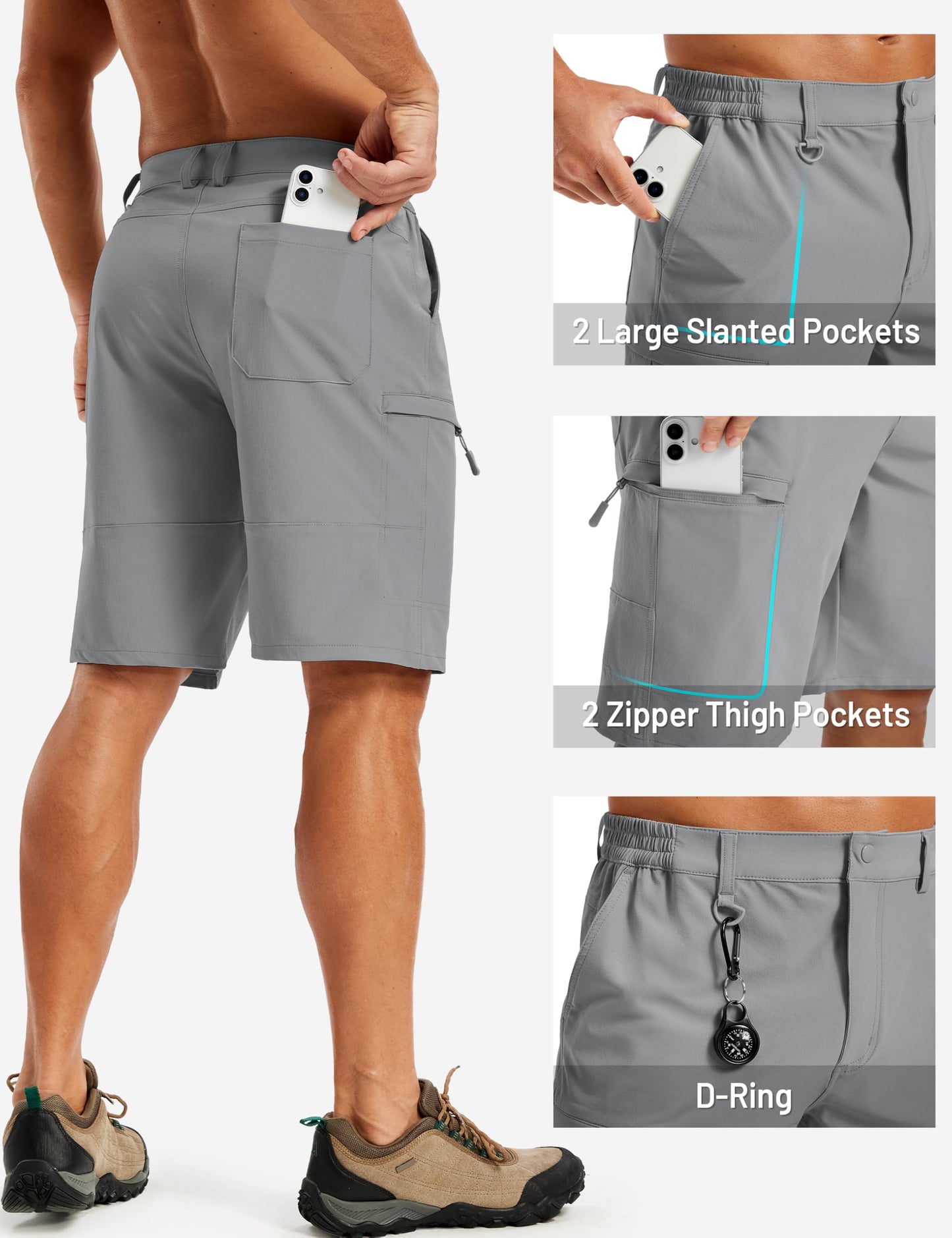 TACVASEN Cargo Shorts for Men Quick Dry Hiking Lightweight Golf Workout Fishing Travel Shorts Summer Beach Light Grey 32