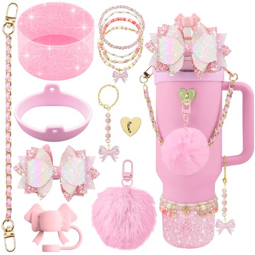 Hpebl 11PCS Accessories for Stanley Cup 40oz&30oz Tumbler Accessories Including Silicone Cute Pink Bow Straw Topper Cover Silicone Stanley Boot Leather Bottle Handle Strap Bracelet Y2K Pink Charms