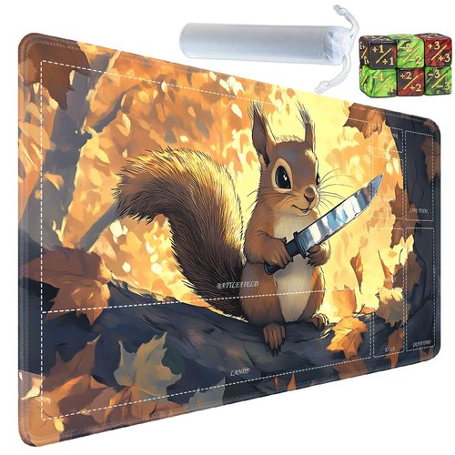 Yuxcfhjfe for TCG Playmat with Zones, 24 x 14 inches Card Playmat with A Storage Bag and 6 Dice,Trading Card Game Mat, Non-Lip Rubber Bottom for MTG Playmat, Squirrel with Knife