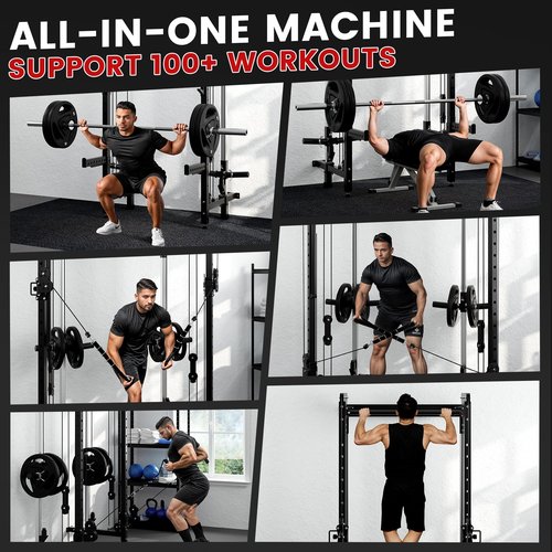 Folding Squat Rack - Wall Mounted Power Rack Cage Home Gym with Cable Crossover Machine & LAT Pull Down - Functional Trainer with 5 Adjustable Function Modes - with Safety Arm and Dips Attachment