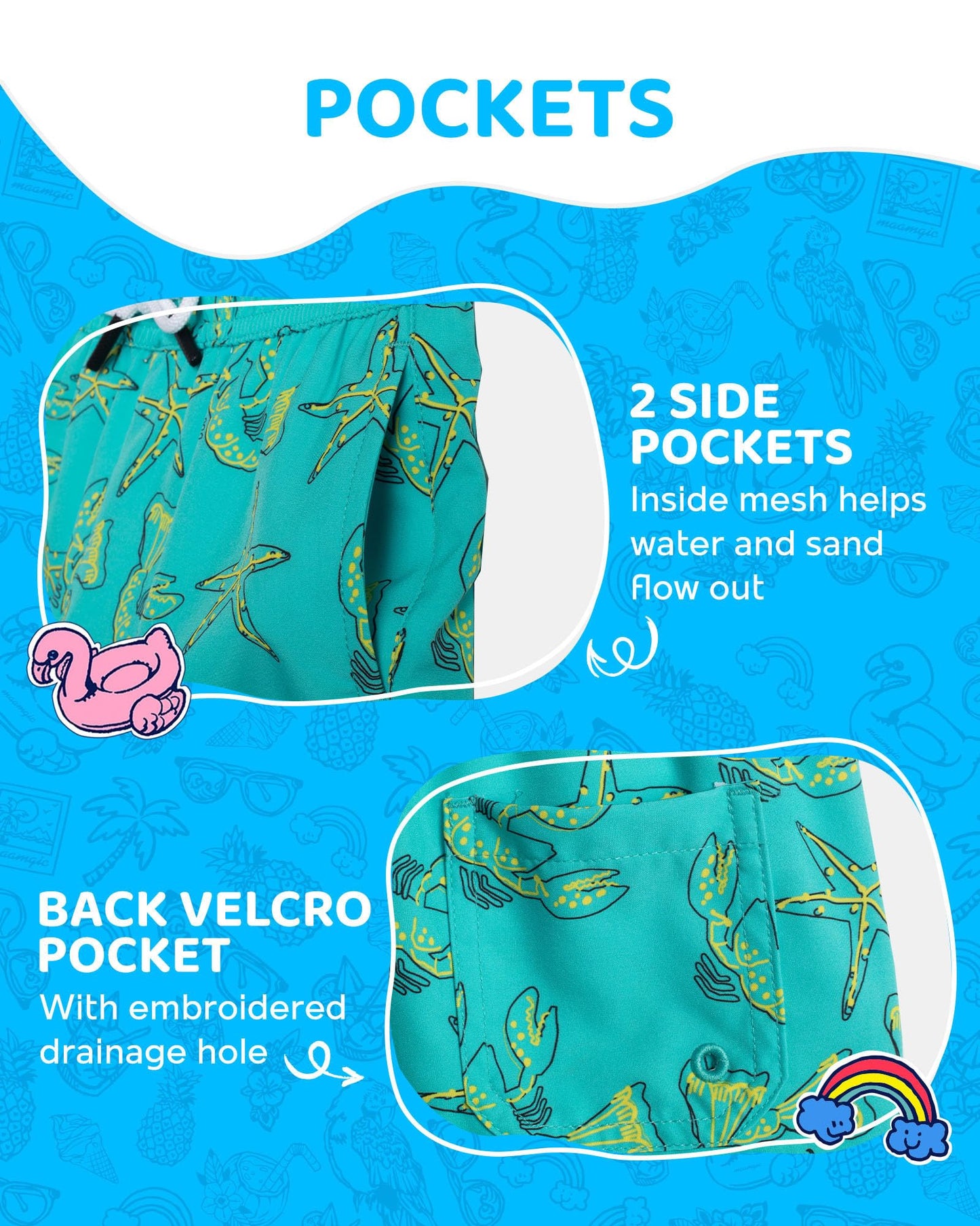 maamgic Boys Swim Trunks with Compression Liner Toddler Boy Swimsuit Quick Dry 4-Way Stretch Swimming Trunks Sea World Light Green 7 Years