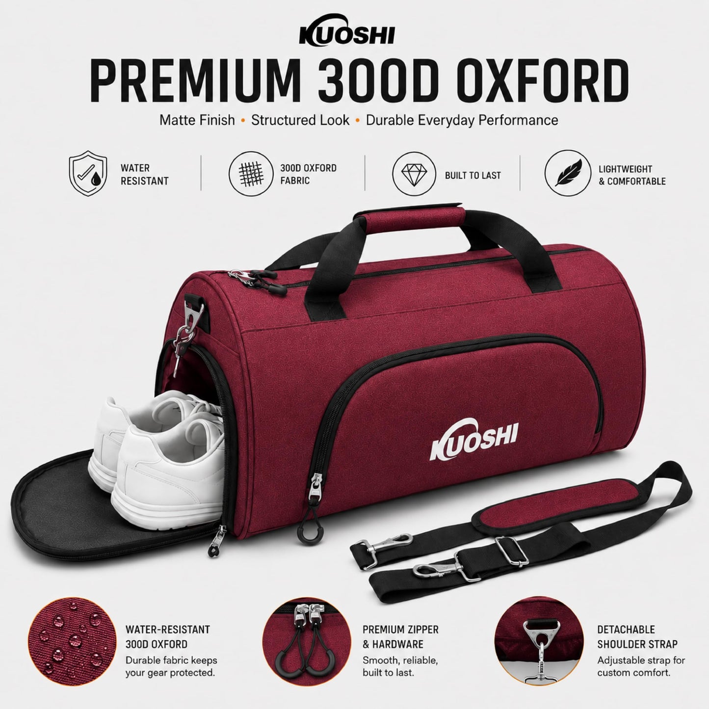 KUOSHI Men's Gym Bag with Shoe Compartment - Sport Duffle Bag for Men & Women, Water Resistant Travel Bag with Wet Pocket, Small Weekender Overnight Bag, Workout Bag with Luggage Sleeve-56L Red