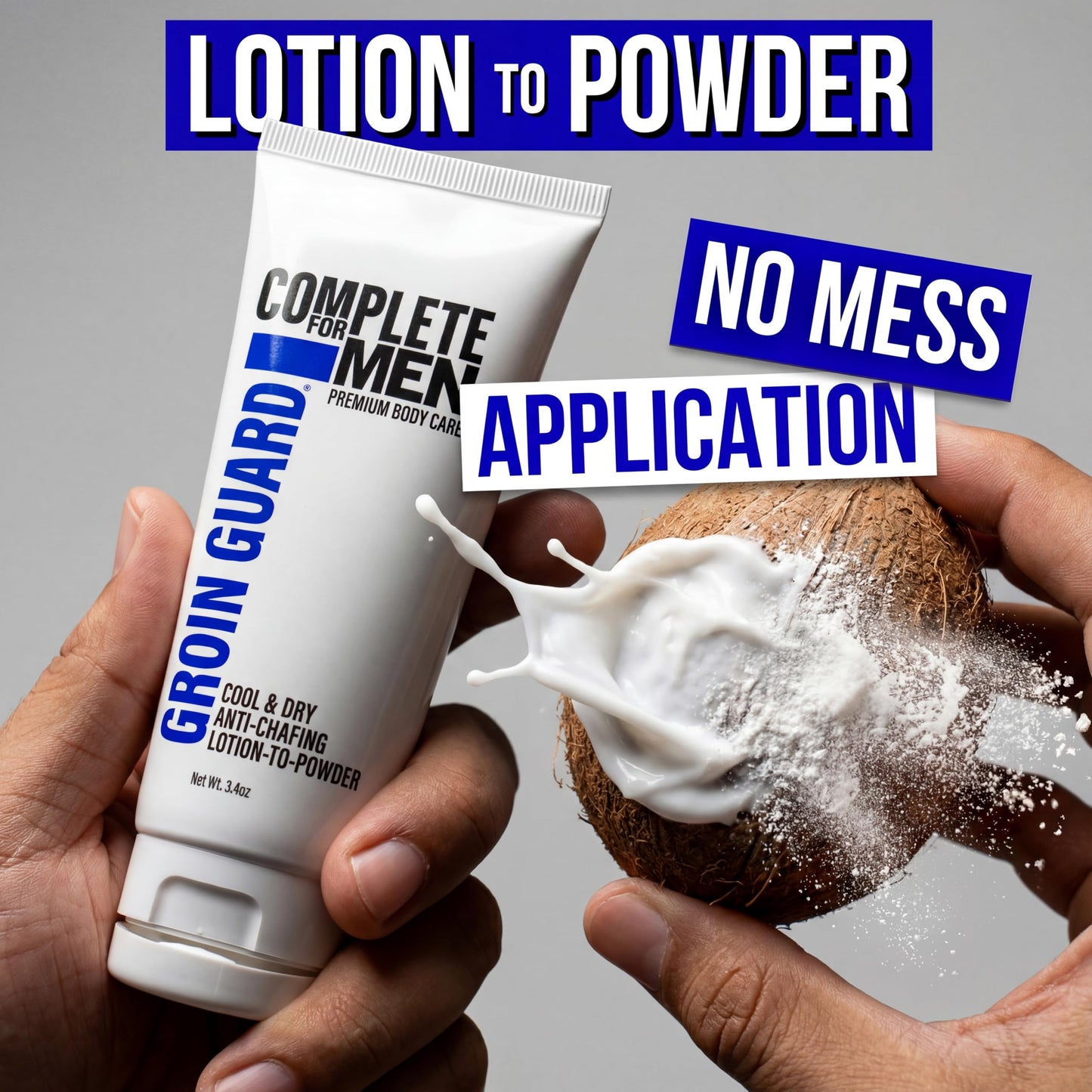 COMPLETE FOR MEN Groin Guard Anti-Chafing Cream Lotion to Powder, Stops Chafing, Sweat Defense, Odor Control, Fresh Scent, Ball & Thigh Protection