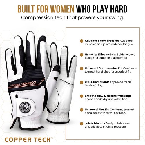 Copper Tech Plus Copper Infused Golf Glove for Women – White/Black – Single Pack – Compression Fit, Arthritis Relief, Non-Slip Grip – USGA Approved - Left Hand/One Size