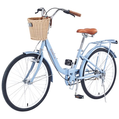 BALINGE 24 Inch Folding Girls Cruiser Bike，1-Speed Foldable Hybrid City Bicycle with Dual Brakes,Wicker Basket & Rear Rack，Adjustable Seat Post&Handlebar，Blue