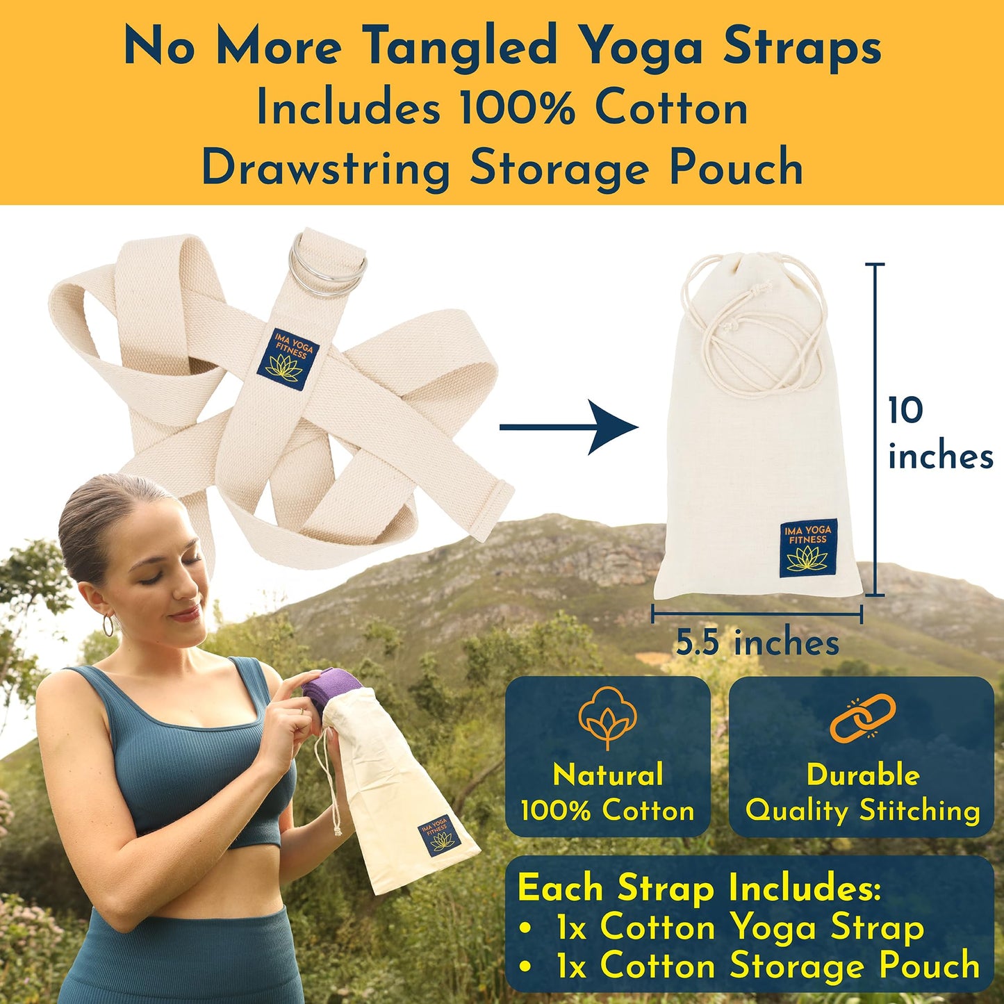 Ima Yoga Fitness - Adaptive Yoga Strap, Yoga Stretching Strap, Extra-Wide 2 Inches, 100% Naturally Soft Cotton, Steel D-Rings, Includes 100% Natural Cotton Storage Pouch (Natural, 8 feet)