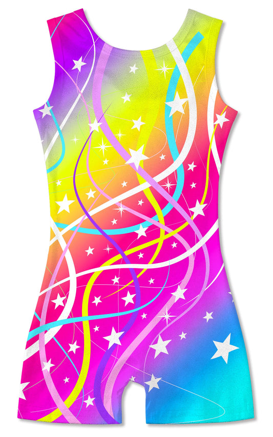 Funnycokid Gymnastics Leotards for Girls Dance Outfits Unitard Sparkly Clothes with Shorts, Gymnastics Ribbons, 5-6 Years