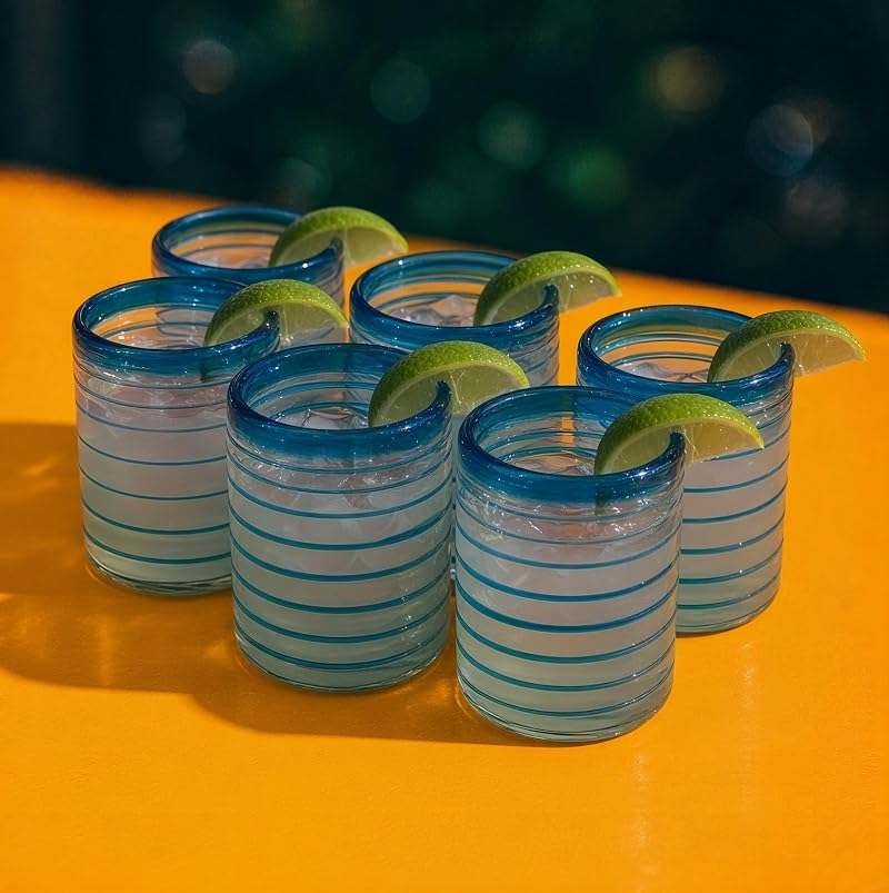 Aqua Spiral 10 oz Mexican Hand-Blown Tumbler Glasses Set of 6