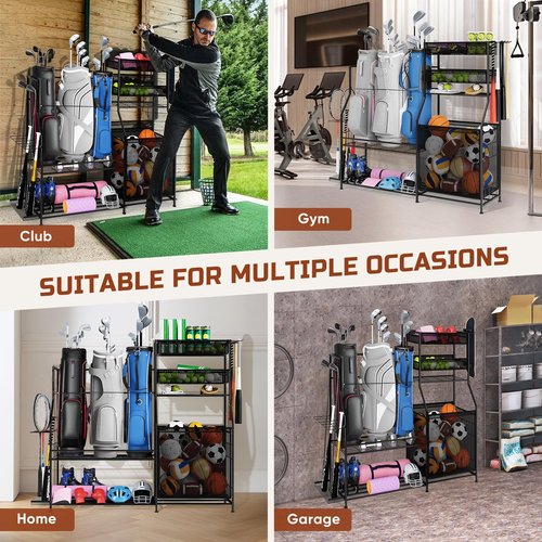 Homiesetify Garage Sports Equipment Organizer, 3 Golf Bag Organizer Stand Heavy-Duty Ball Storage Rack with Basket and Hooks, Ball Storage Cart for Toy Sports Gear Storage, Black