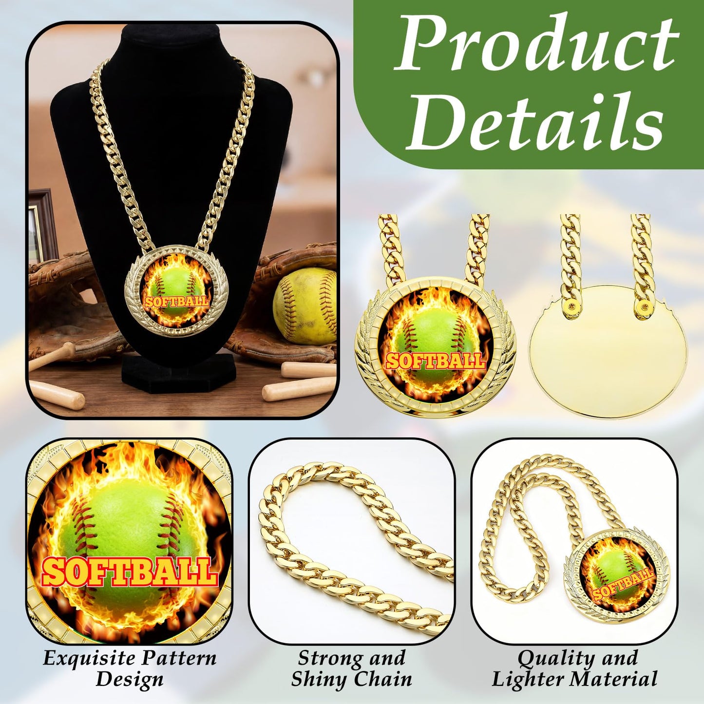 Highergo Softball Champion Chain Award Medal 5 x 6 Inch with Flame Softball Pattern on Jumbo Gold Award Medal Athlete Prize Gifts with 34inch Turnover Chain for Contest Reward Family Reunions