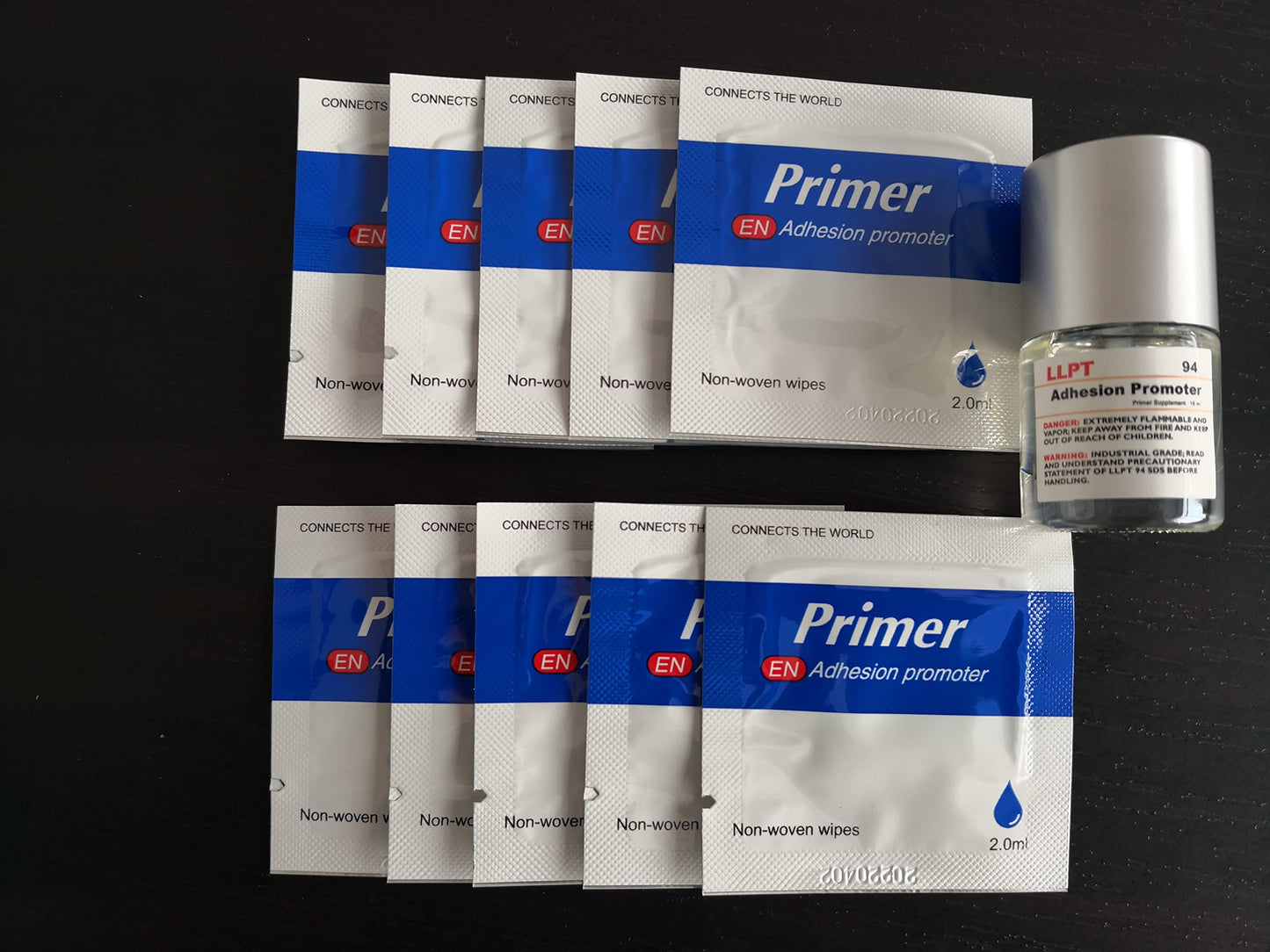 LLPT 94 Adhesion Promoter 10ml Bottle Primer with 10 Dry Wipes for Automotive & DIY, Enhances Bonding for Acrylic Double Sided Mounting Tape, Fast-Drying, Brush-On, Suitable for Plastic Metal Glass