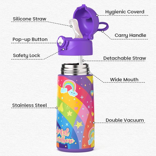 Ntswasd Girls Insulated Water Bottle with Covered Pop-Up Straw,16 oz Kids Cups with Stainless Steel Leak Proof for School Pink（Unicorn）