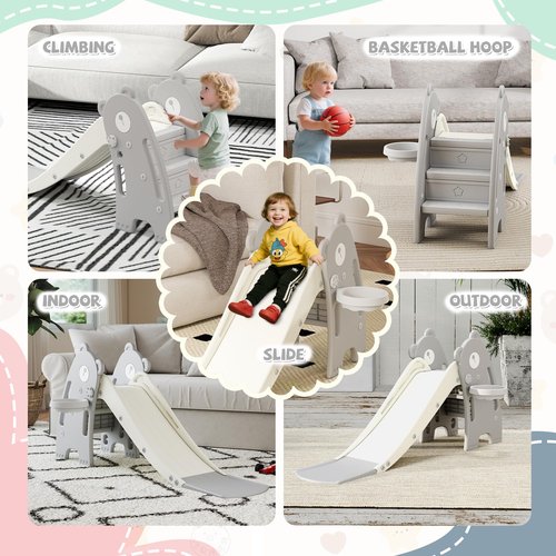 DOREROOM Toddler Slide Kids Slides Climber Playset, Freestanding with Long Slope, Basketball Hoop & Ball, Indoor & Outdoor Playground Toy for Boys & Girls