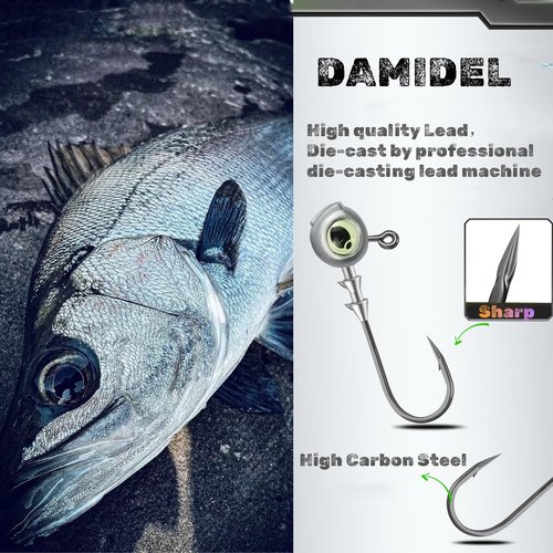 DAMIDEL 50Pcs/Box Swimbait Jig Heads Fishing Hooks with 3D Eye，4 Sizes（1/4oz.3/8oz,1/5oz. 1/8oz Mixed，Automatic stabilization Head Design/Luminous,Bass Freshwater&Saltwater
