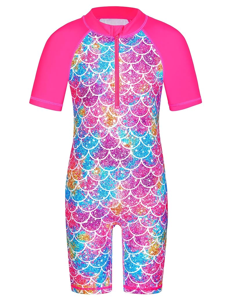 UV 50+ Short Sleeve Girls One-PPiece Swimsuit with Front Zip - Hot Pink 2-14Y