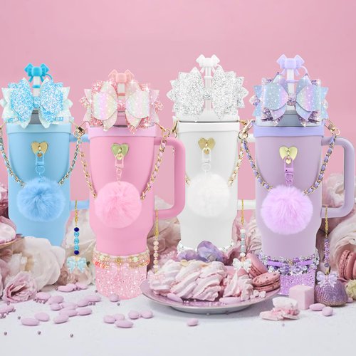 Hpebl 11PCS Accessories for Stanley Cup 40oz&30oz Tumbler Accessories Including Silicone Cute Pink Bow Straw Topper Cover Silicone Stanley Boot Leather Bottle Handle Strap Bracelet Y2K Pink Charms