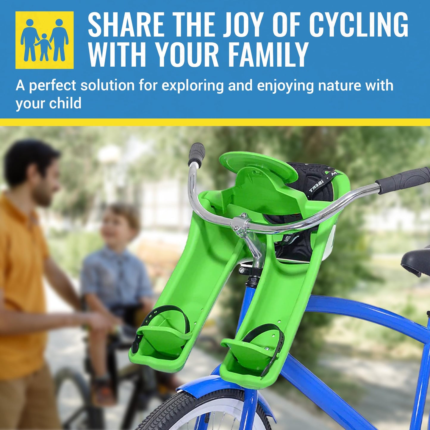 iBert Front Mounted Child Seat - Green - Comfortable Child’s Bike Seat for Sunny and Rainy Days - Baby’s Bike Seat with a Secure Harness and Height Adjustable Foot Cups for Family Biking Adventures.
