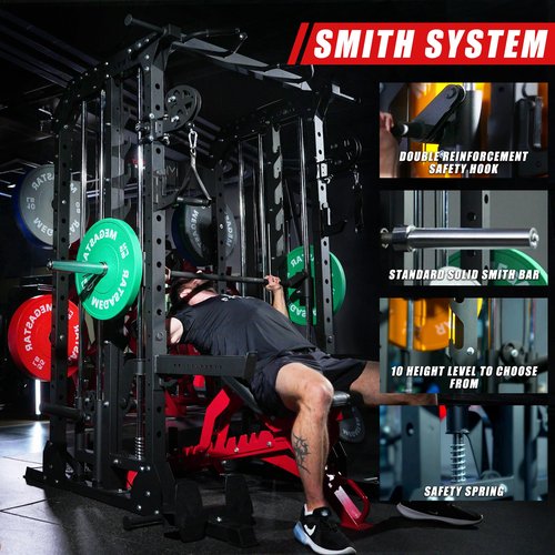 MEGASTAR Smith Machine for Home Gym - 2000lbs Capacity All-in-One Power Rack with Cable Crossover, Pull-Up Bar & Dip Station, Includes 18 Attachments, P107 Anvil Black