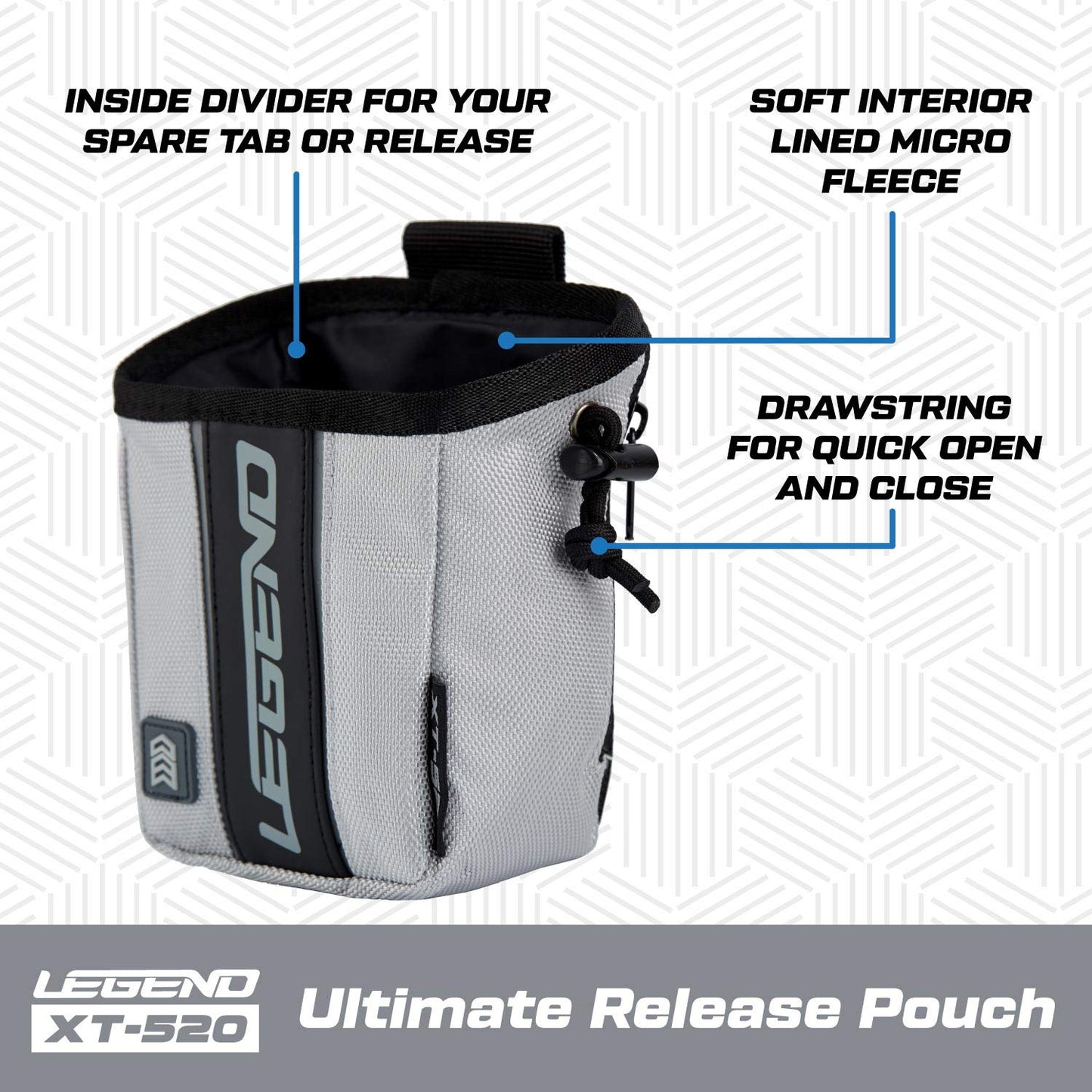 LEGEND XT520 Quick Release Pouch & Finger Tab Bag - Interior Divider for Better Organization & Storage of Release Aids - Attaches to Standard 2" Belt - Quick Drawstring Closure (Grey)