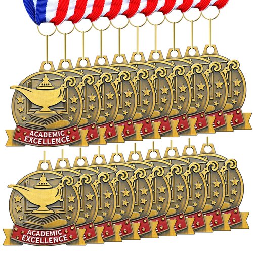 Loetere 20 Pcs Academic Excellence Medals Bulk 2.4 inch Reading Gold Medals with Neck Ribbons Metal Trophy Award Prize Gifts for Adult Book Lover Competitions Party(Academic Excellence)