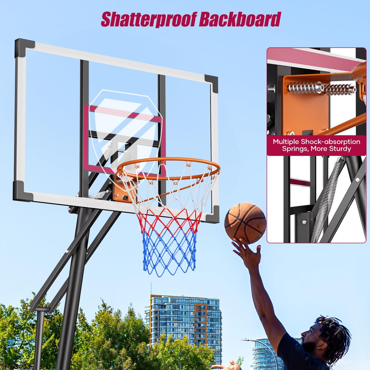 Asbest Basketball Hoop Outdoor with 44" Shatterproof Backboard, 5.09-10FT Adjustable Basketball Goal System, Portable Hoop with Wheels & Easy Adjustment for Driveway, Backyard, Court (Purple)