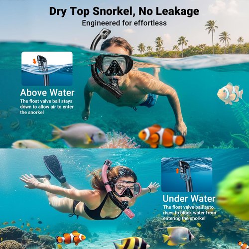 Snorkeling Gear for Adults Men Women, Dry-Top Snorkel Set Scuba Diving Mask, 180° Panoramic Wide View, Professional Breathing Freely Snorkel Goggles Kit with Nose Cover for Snorkeling Swimming, Travel