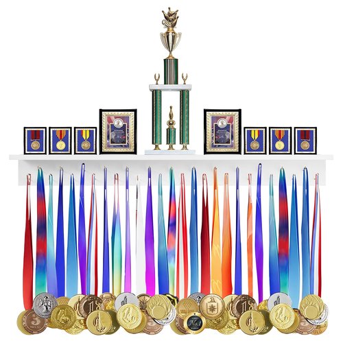 Defined Deco 3ft-Medal Awards Rack Ultimate Medal Hanger Display and Trophy Shelf,36" Wooden Trophy and Medal Display Shelf,for Medal Display,Plaques,Pictures,Trophies and More(White)