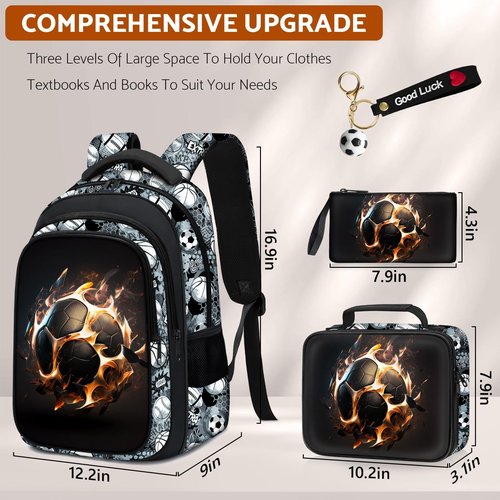 Fitvc School Backpack for Boys - 4pcs Soccer Boys Backpack with Lunch Box Set for Kids Children Teens Elementary Middle School - 17″ Sport Bookbag Travel Back Pack for Age 6-18