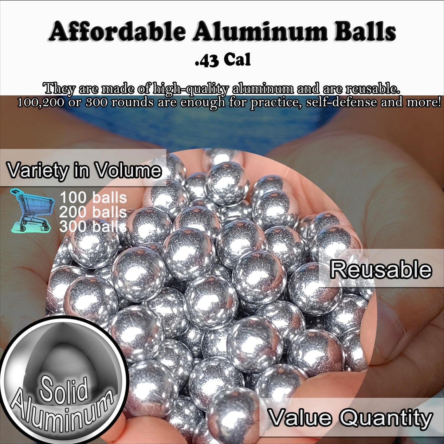 101ct .43 Caliber Aluminum Balls for Self Defense and Target Practice, 1.8 Grams Solid Hard 43 Caliber Balls Fit for Yard Outside Practice (101)