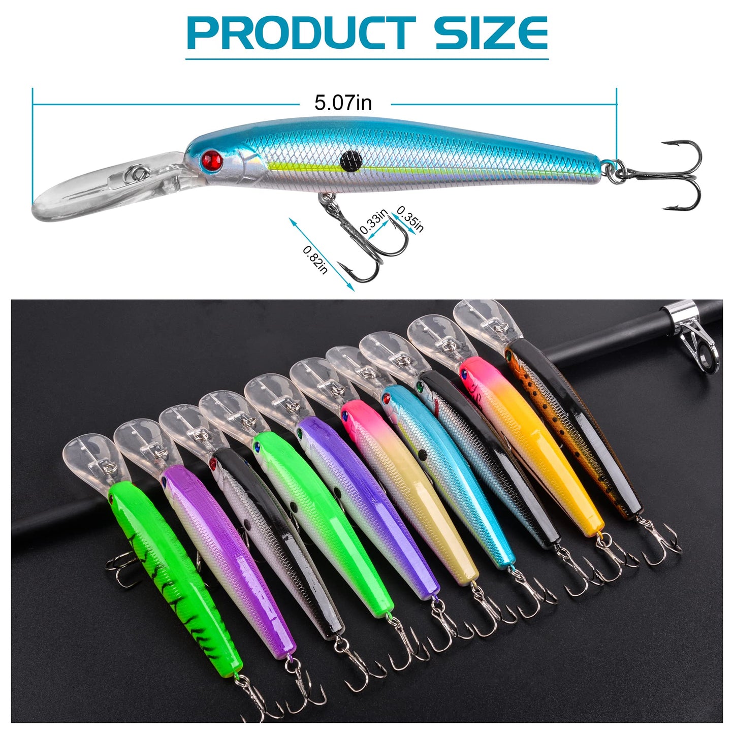 Crankbait Minnow Fishing Lures,10pcs Plug Lure with Treble Hooks Hard Baits Swimbaits 3D Fishing Eyes Life-Like Bass Crank Bait for Trout Bass Perch Fishing 5.07inch