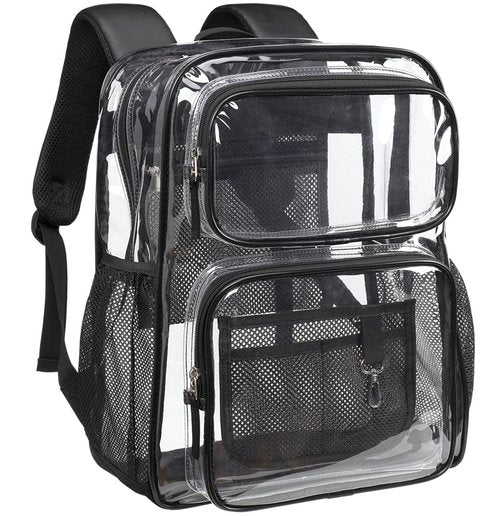 PACKISM Clear Backpack for School - 17 Inch Heavy Duty Clear Bookbag with PU Leather Straps 2 Front Pockets for Boys Girls Students, Transparent PVC See Through Backpacks, Black (Age 12+)