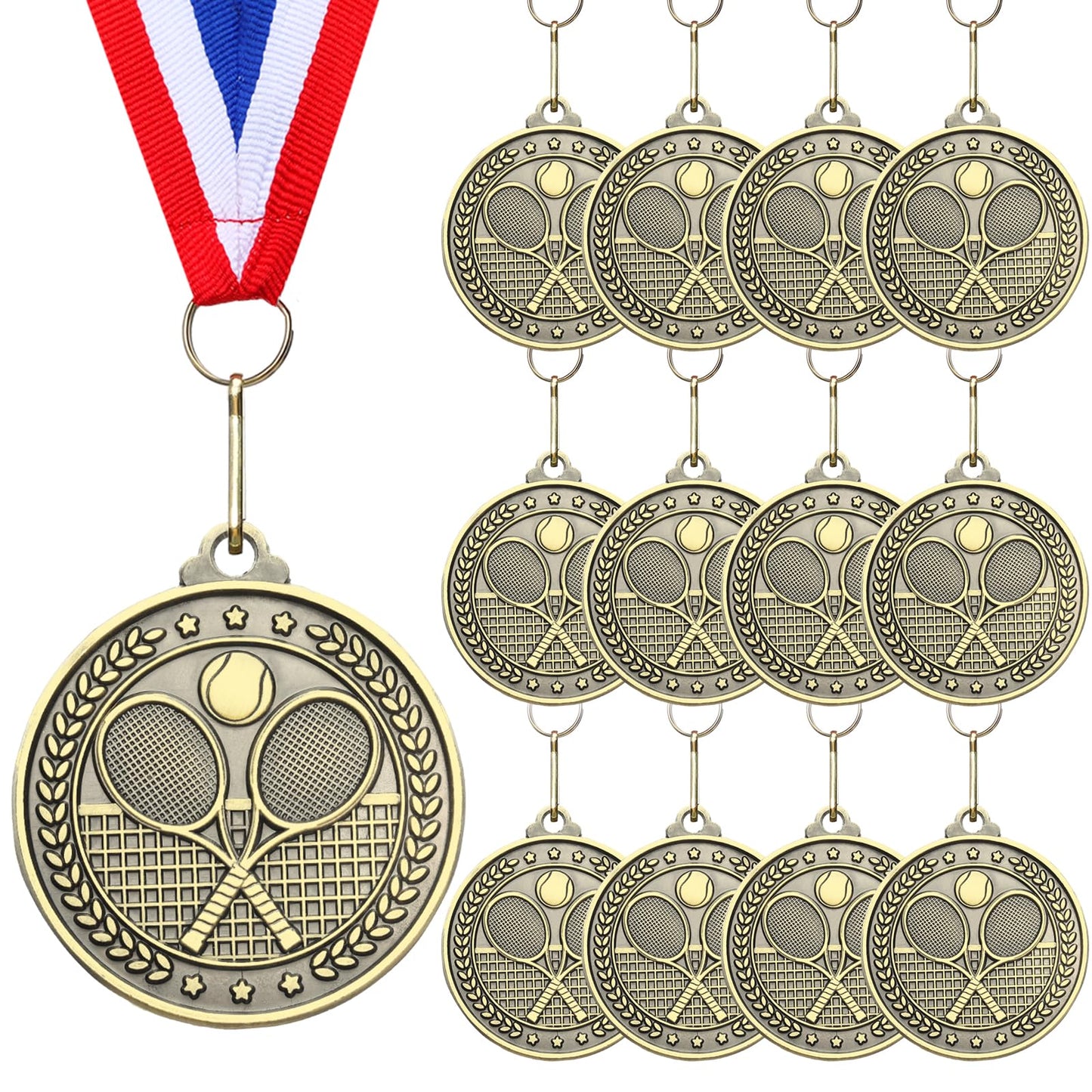 Remuuly 12 Pcs 2'' Gold Award Medals with Neck Ribbons Metal Champion Trophy Medal for Baseball Softball Soccer Volleyball Football Sports Games Events Party Prize Player Team Winner Gift(Tennis)
